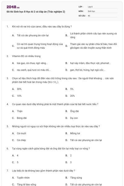 Đề thi Sinh học 8 Học kì 2 có đáp án (Trắc nghiệm 2)