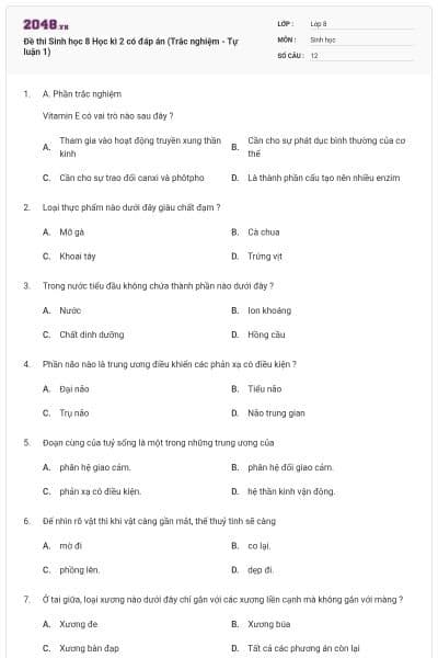 Đề thi Sinh học 8 Học kì 2 có đáp án (Trắc nghiệm - Tự luận 1)
