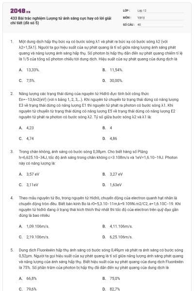 433 Bài trắc nghiệm Lượng tử ánh sáng cực hay có lời giải chi tiết (đề số 5)