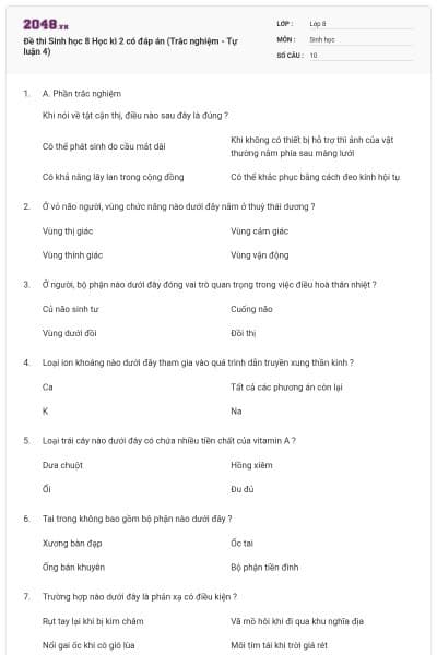 Đề thi Sinh học 8 Học kì 2 có đáp án (Trắc nghiệm - Tự luận 4)