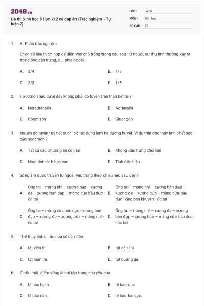 Đề thi Sinh học 8 Học kì 2 có đáp án (Trắc nghiệm - Tự luận 2)
