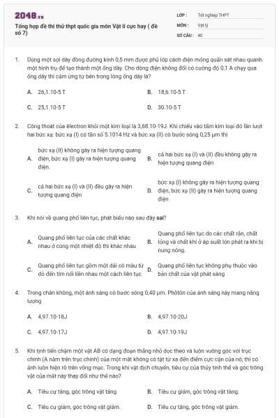 Tổng hợp đề thi thử thpt quốc gia môn Vật lí cực hay ( đề số 7)
