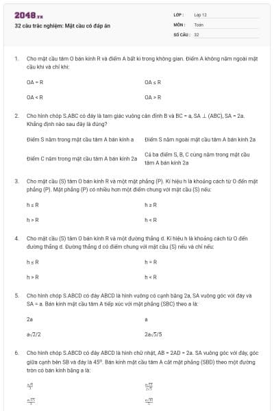 32 câu trắc nghiệm: Mặt cầu có đáp án