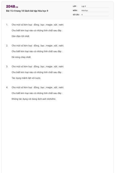 Bài 15.4 trang 18 Sách bài tập Hóa học 9
