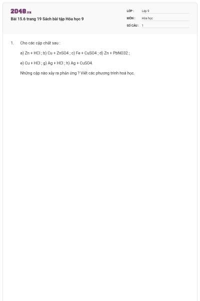Bài 15.6 trang 19 Sách bài tập Hóa học 9