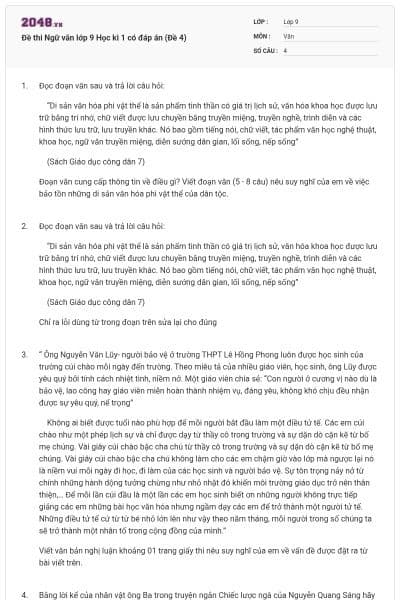 Đề thi Ngữ văn lớp 9 Học kì 1 có đáp án (Đề 4)