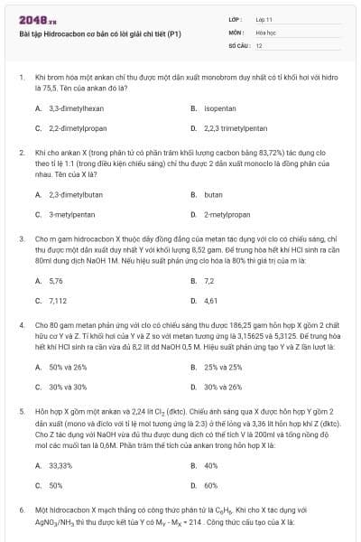 Bài tập Hidrocacbon cơ bản có lời giải chi tiết (P1)