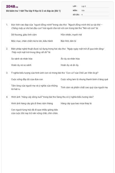 Đề kiểm tra 1 tiết Thơ lớp 9 Học kì 2 có đáp án (Đề 1)