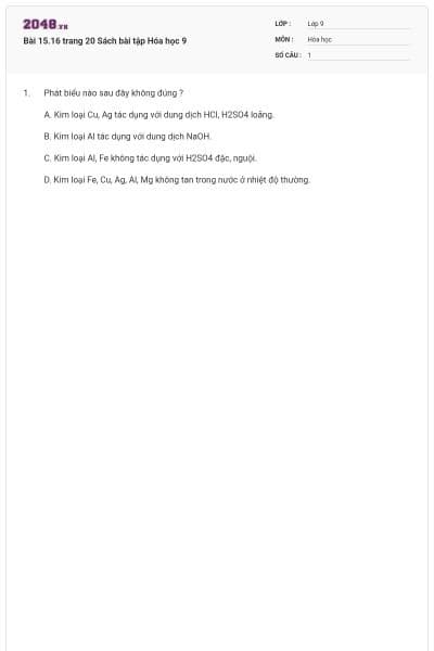 Bài 15.16 trang 20 Sách bài tập Hóa học 9