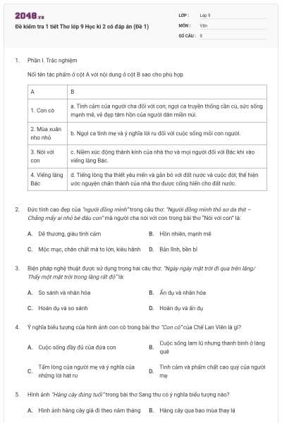 Đề kiểm tra 1 tiết Thơ lớp 9 Học kì 2 có đáp án (Đề 1)