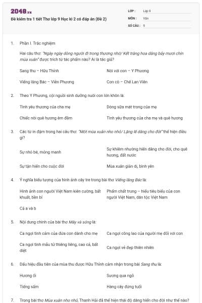 Đề kiểm tra 1 tiết Thơ lớp 9 Học kì 2 có đáp án (Đề 2)