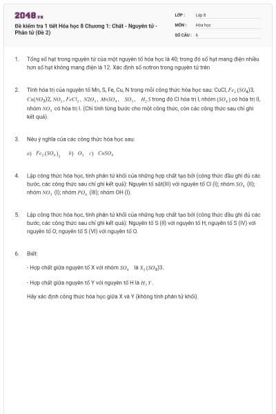 Đề kiểm tra 1 tiết Hóa học 8 Chương 1: Chất - Nguyên tử - Phân tử (Đề 2)