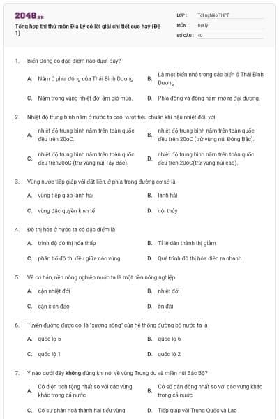 Tổng hợp thi thử môn Địa Lý có lời giải chi tiết cực hay (Đề 1)