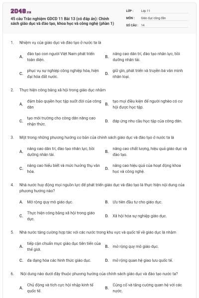 45 câu Trắc nghiệm GDCD 11 Bài 13 (có đáp án): Chính sách giáo dục và đào tạo, khoa học và công nghệ (phần 1)
