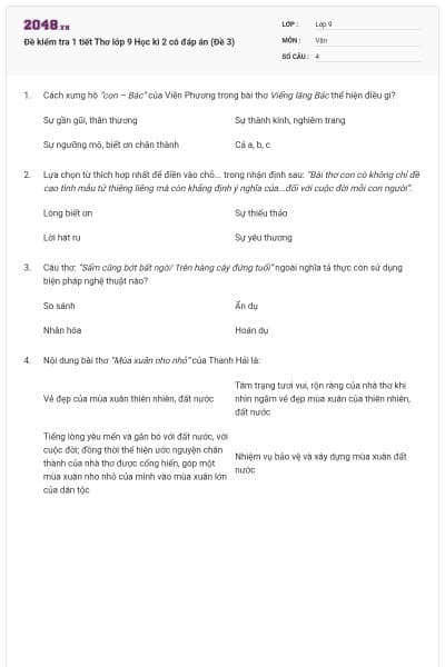 Đề kiểm tra 1 tiết Thơ lớp 9 Học kì 2 có đáp án (Đề 3)