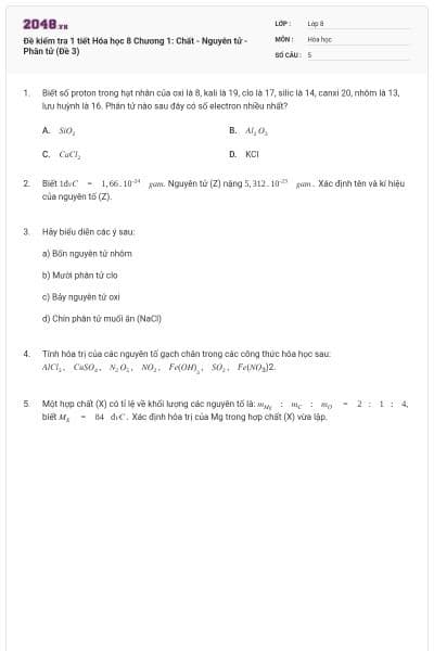 Đề kiểm tra 1 tiết Hóa học 8 Chương 1: Chất - Nguyên tử - Phân tử (Đề 3)