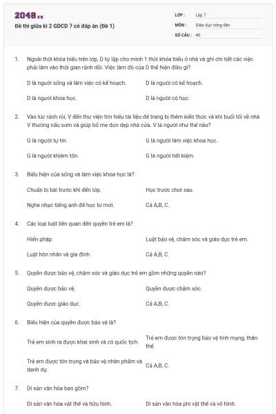 Đề thi giữa kì 2 GDCD 7 có đáp án (Đề 1)