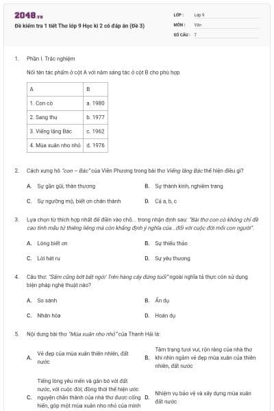 Đề kiểm tra 1 tiết Thơ lớp 9 Học kì 2 có đáp án (Đề 3)