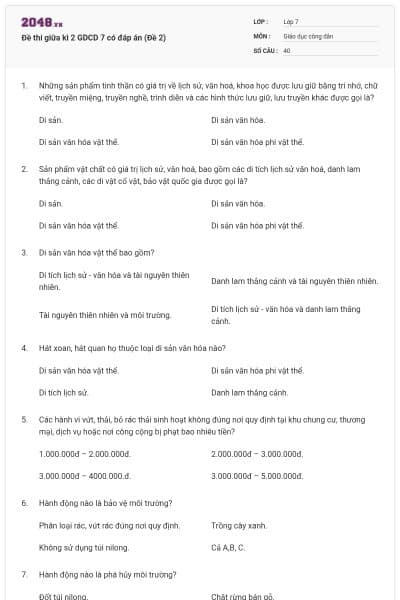 Đề thi giữa kì 2 GDCD 7 có đáp án (Đề 2)