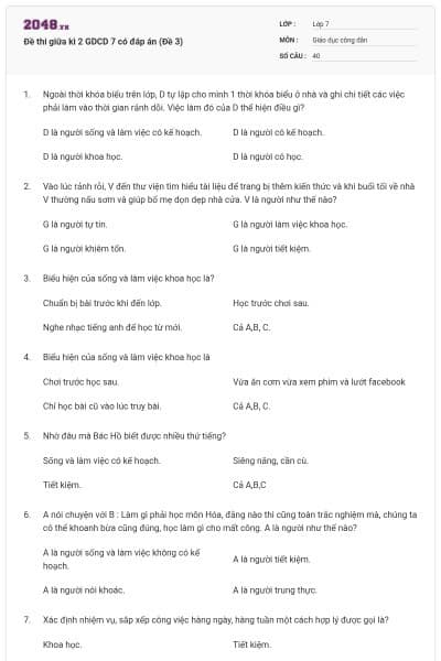 Đề thi giữa kì 2 GDCD 7 có đáp án (Đề 3)