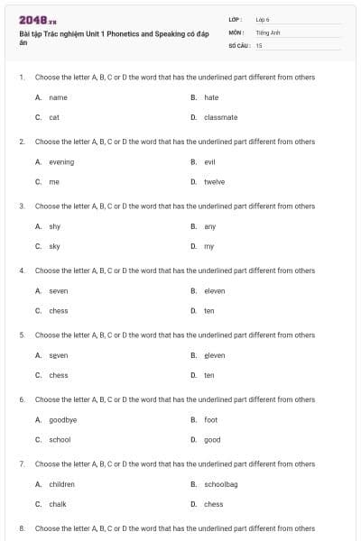 Bài tập Trắc nghiệm Unit 1 Phonetics and Speaking có đáp án