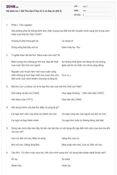 Đề kiểm tra 1 tiết Thơ lớp 9 Học kì 2 có đáp án (Đề 4)