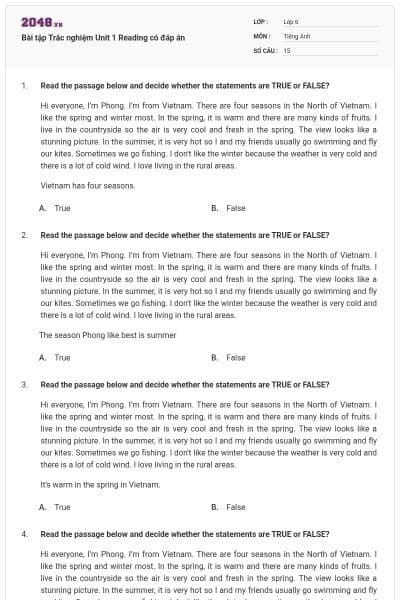 Bài tập Trắc nghiệm Unit 1 Reading có đáp án