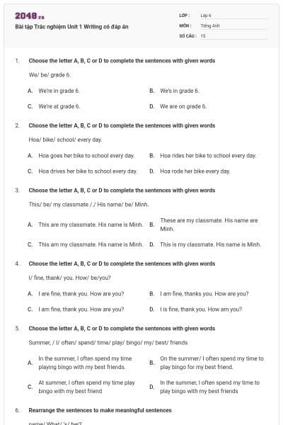 Bài tập Trắc nghiệm Unit 1 Writing có đáp án