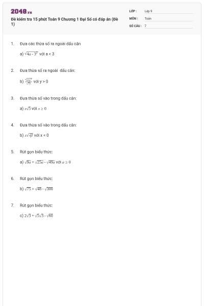 Đề kiểm tra 15 phút Toán 9 Chương 1 Đại Số có đáp án (Đề 1)