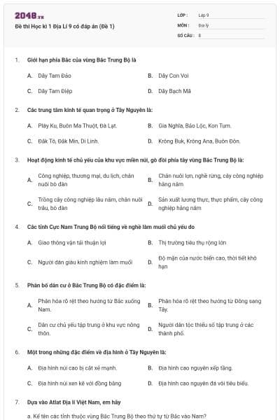 Đề thi Học kì 1 Địa Lí 9 có đáp án (Đề 1)