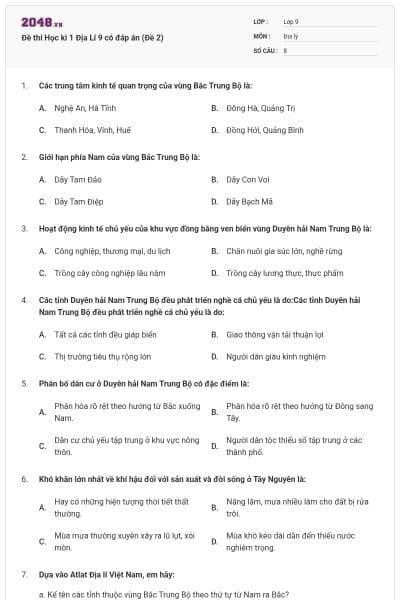 Đề thi Học kì 1 Địa Lí 9 có đáp án (Đề 2)