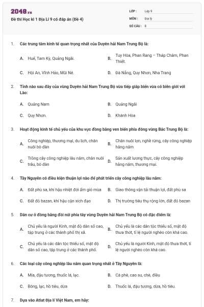 Đề thi Học kì 1 Địa Lí 9 có đáp án (Đề 4)