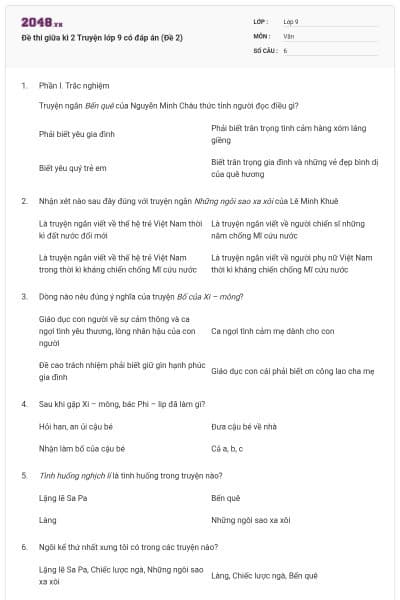Đề thi giữa kì 2 Truyện lớp 9 có đáp án (Đề 2)