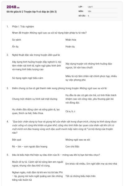 Đề thi giữa kì 2 Truyện lớp 9 có đáp án (Đề 3)
