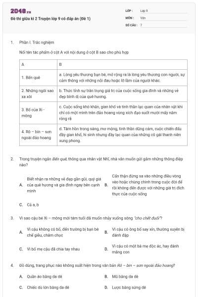 Đề thi giữa kì 2 Truyện lớp 9 có đáp án (Đề 1)