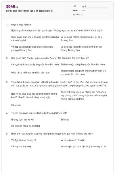 Đề thi giữa kì 2 Truyện lớp 9 có đáp án (Đề 4)