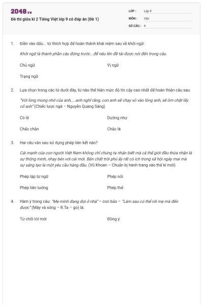 Đề thi giữa kì 2 Tiếng Việt lớp 9 có đáp án (Đề 1)