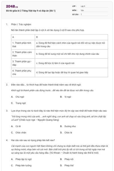 Đề thi giữa kì 2 Tiếng Việt lớp 9 có đáp án (Đề 1)