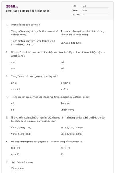 Đề thi Học kì 1 Tin học 8 có đáp án (Đề 1)