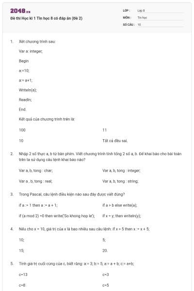 Đề thi Học kì 1 Tin học 8 có đáp án (Đề 2)