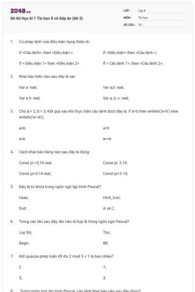 Đề thi Học kì 1 Tin học 8 có đáp án (Đề 3)