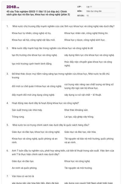 45 câu  Trắc nghiệm GDCD 11 Bài 13 (có đáp án): Chính sách giáo dục và đào tạo, khoa học và công nghệ (phần 3)