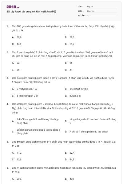 Bài tập Ancol tác dụng với kim loại kiềm (P2)