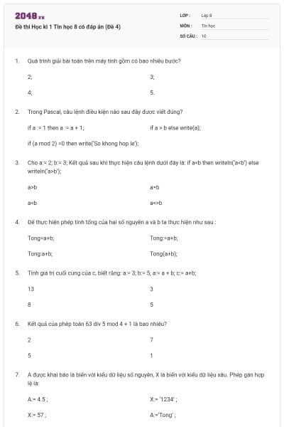 Đề thi Học kì 1 Tin học 8 có đáp án (Đề 4)