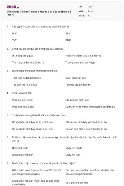 Đề kiểm tra 15 phút Tin học 6 Học kì 2 có đáp án (Bài số 2 - Đề 4)