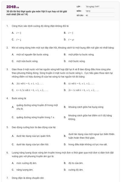 30 đề thi thử thpt quốc gia môn Vật lí cực hay có lời giải mới nhất (Đề số 14)