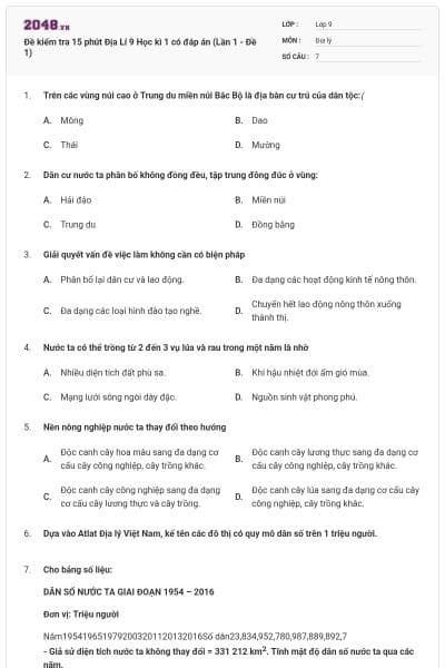Đề kiểm tra 15 phút Địa Lí 9 Học kì 1 có đáp án (Lần 1 - Đề 1)