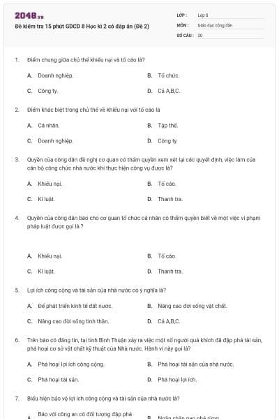 Đề kiểm tra 15 phút GDCD 8 Học kì 2 có đáp án (Đề 2)