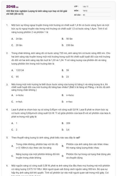 433 Bài trắc nghiệm Lượng tử ánh sáng cực hay có lời giải chi tiết (đề số 6)