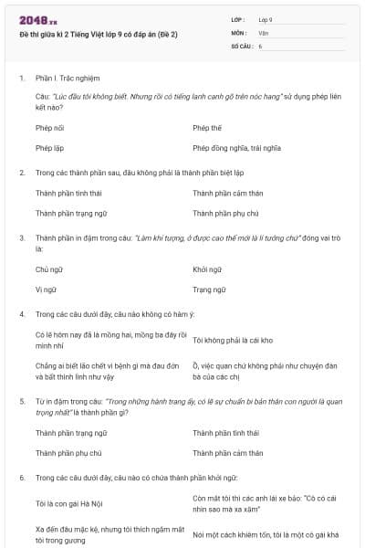 Đề thi giữa kì 2 Tiếng Việt lớp 9 có đáp án (Đề 2)